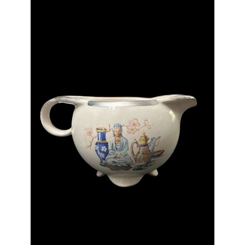 Mid Century Chinoiserie Quan Yin Footed Creamer Pitcher Vintage Asian Decor